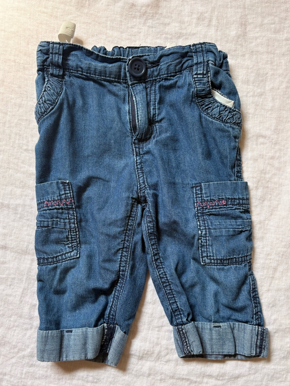 Soft Denim Baby Cargo Jeans with Pink Accent Stitching